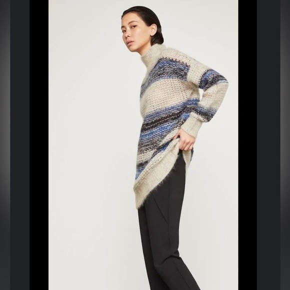 $298 NWT BCBGMAXAZRIA Sz2XS STRIPED OVERSIZED MOHAIR TUNIC SWEATER CERULEAN - Picture 4 of 11
